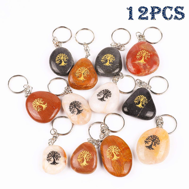 ROCKIMPACT 12PCS Life Tree Inspirational Stone Key Chains, Engraved Natural River Rock Key Rings, Pocket Stone Keychain, Bulk Word Stone Wholesale Keyring (Pack of 12, Tree of Life) - Image 2